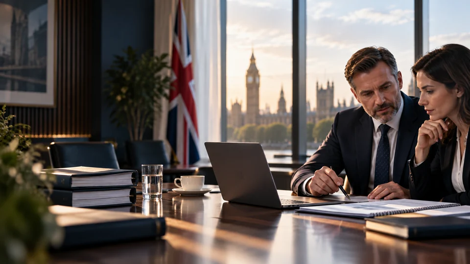 AI-generated scene of fictional professionals reviewing documents, with Westminster and a Union flag in the background.