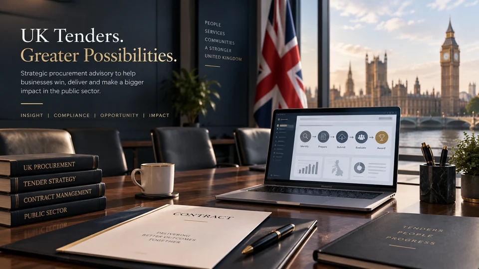 AI-generated UK tender illustration with documents, laptop and a Union flag; not LionTech premises.