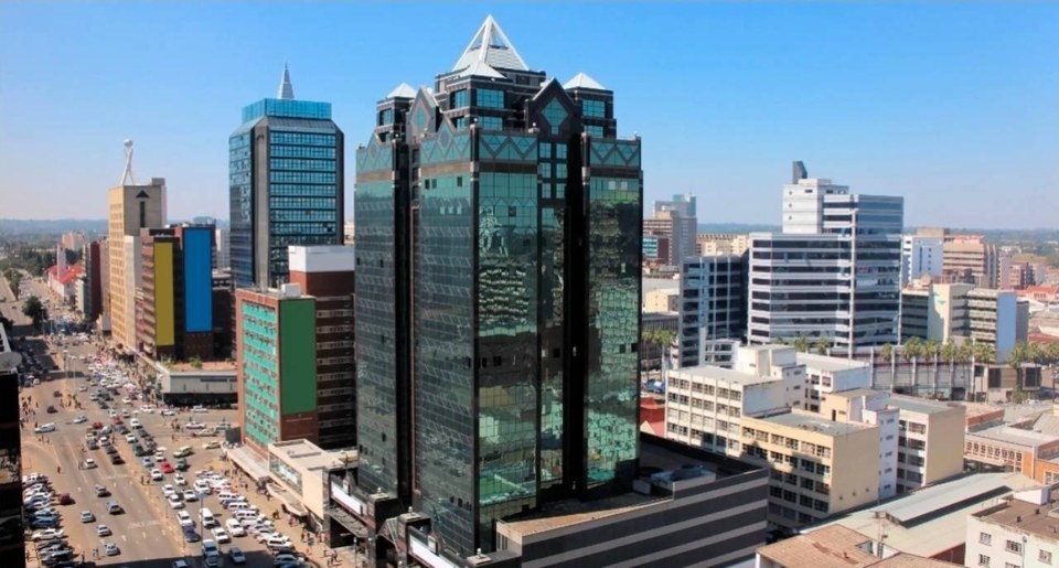 Harare central business district, glass towers and street traffic