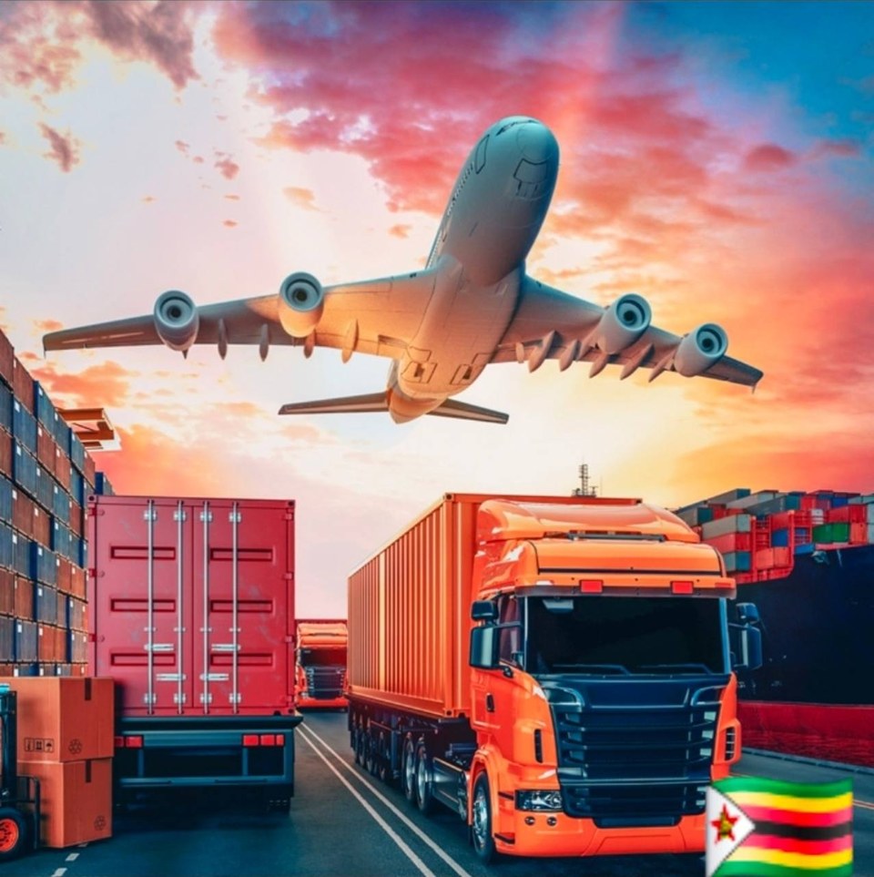 Illustration of road freight, cargo containers and an aircraft