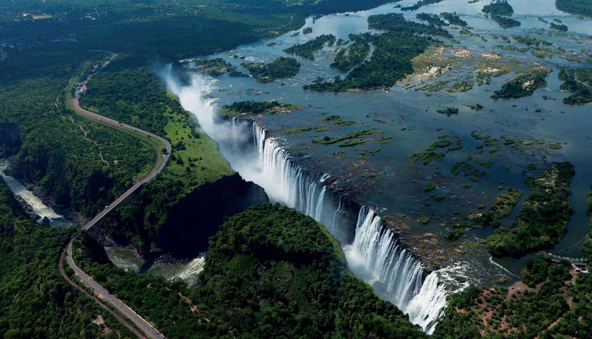 Aerial view of Victoria Falls and the Zambezi River